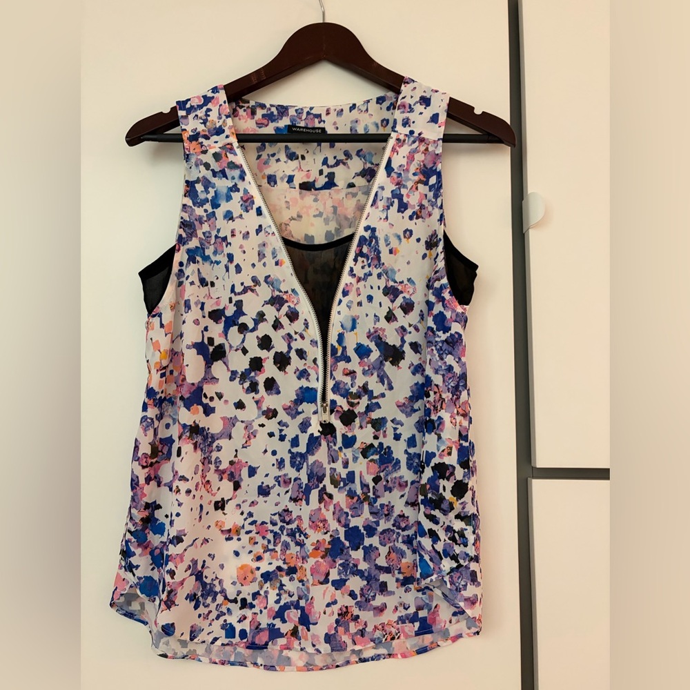 Warehouse Multi-Color Floral Zip V-Neck Sleeveless Top
